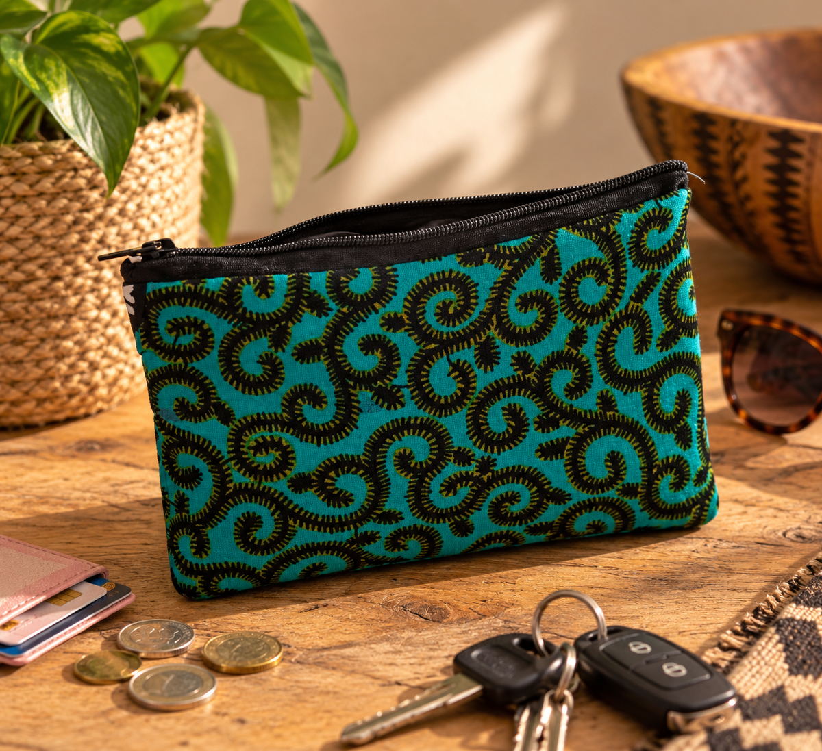 Handgemaakte African Print Portemonnee – Turquoise/Zwart