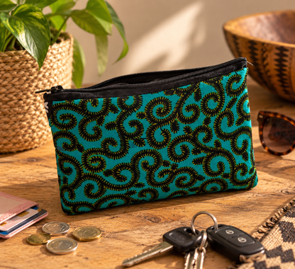 Handgemaakte African Print Portemonnee – Turquoise/Zwart