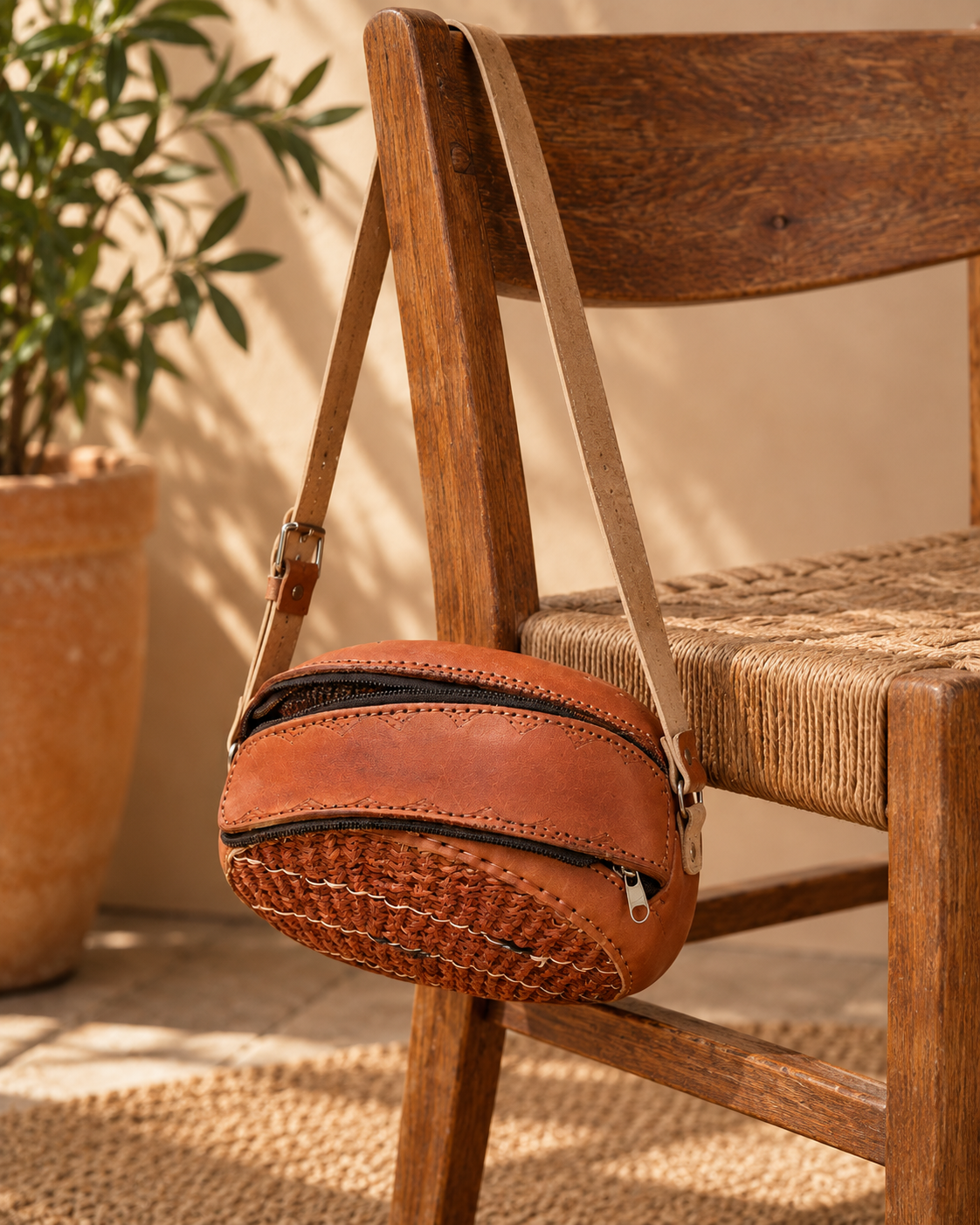 Handgemaakte Ronde Mini Crossbody Tas – Cognac/Bruin