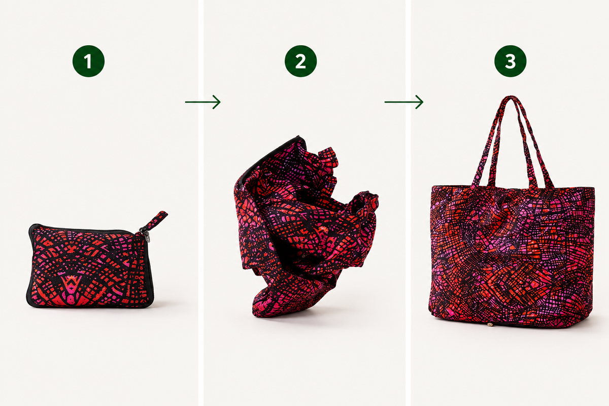 Kikapu Opvouwbare African Print Shopper – Roze/Rood/Zwart